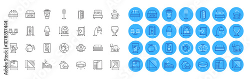 Stand lamp, Led lamp and Takeaway coffee line icons pack. Coffee cup, Coffeepot, Mattress web icon. Open door, Wine glass, Furniture moving pictogram. Mint leaves, Pillows, Cupboard. Vector