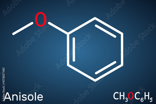 Anisole, methoxybenzene, methyl phenyl ether molecule. Structural chemical formula, dark blue background. Vector