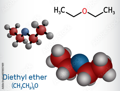 Diethyl ether, ethoxyethane molecule. Chemical structure and molecular model. Vector