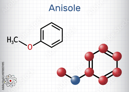 Anisole, methoxybenzene, methyl phenyl ether molecule. Structural chemical formula, molecule model. Sheet of paper in a cage. Vector