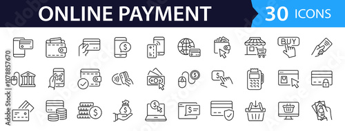 Online payment set of web icons in line style. Payment linear icon collection. Containing cashless wallet, e-wallet, money transfer, banking, credit card, cash, transaction more. Editable stroke