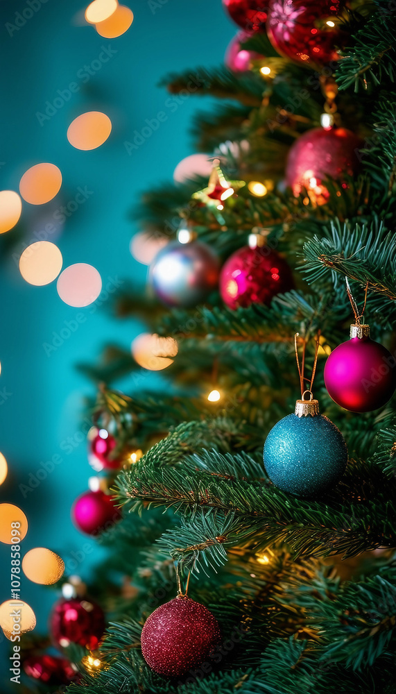 A beautifully decorated Christmas tree featuring vibrant ornaments and glowing lights. The festive atmosphere is captured with sparkling bokeh in the background, evoking a sense of holiday joy and cel A beautifully decorated Christmas tree featuring vibrant ornaments and glowing lights. The festive atmosphere is captured with sparkling bokeh in the background, evoking a sense of holiday joy and cel