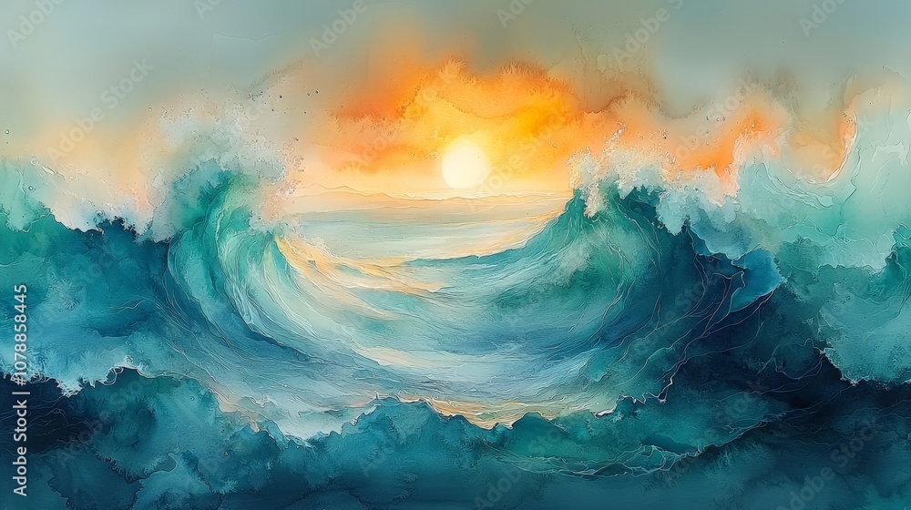 A vibrant watercolor scene depicting crashing ocean waves at sunset. A vibrant watercolor scene depicting crashing ocean waves at sunset.