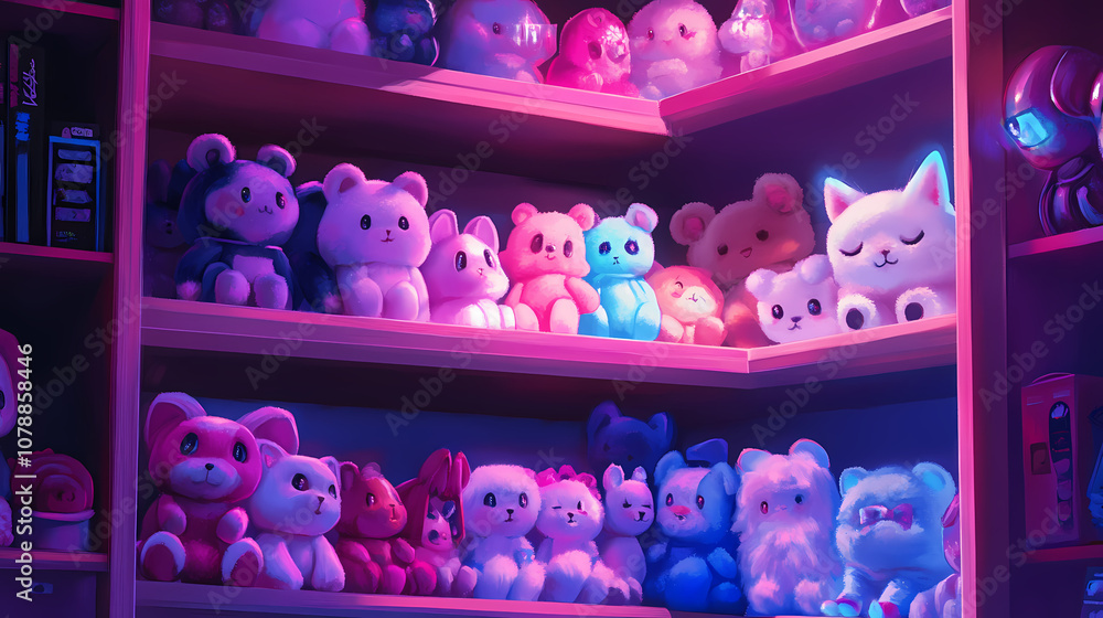 Cute Fluffy Animal Toys on a Shelf in Anime Manga Synthwave Style Cute Fluffy Animal Toys on a Shelf in Anime Manga Synthwave Style