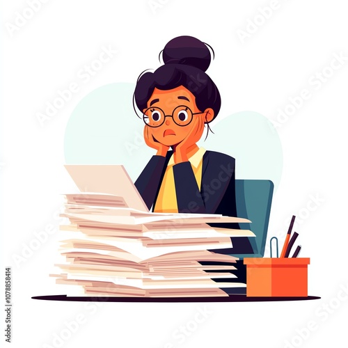 A focused woman sits at a desk, overwhelmed by a mountain of paperwork, contemplating her next steps amid office supplies.