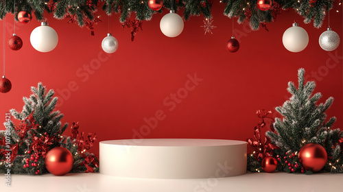 Vibrant Modern Christmas Greeting Card Featuring an Empty Podium for Product Presentation