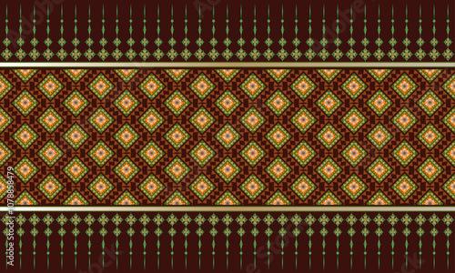 Seamless Thai ethnic pattern in brown, gold and green on abstract brown background.