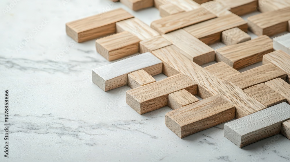 Wooden puzzle with intricate geometric designs, assembled on a marble table in a luxury hotel lounge, puzzle, elegant setting Wooden puzzle with intricate geometric designs, assembled on a marble table in a luxury hotel lounge, puzzle, elegant setting