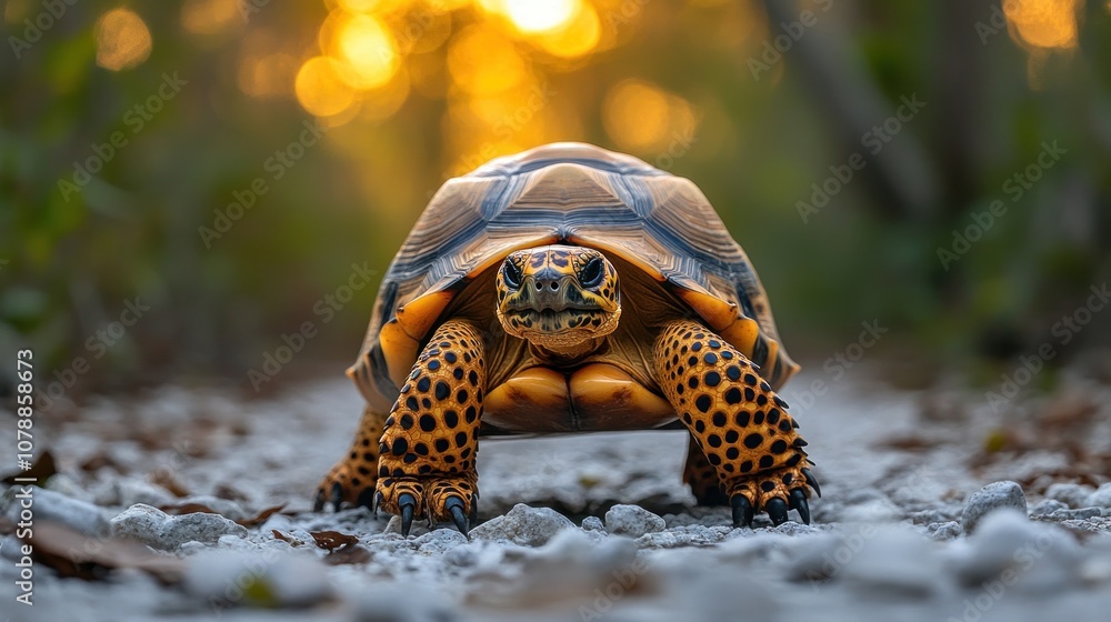 Obraz premium A close-up of a tortoise on a gravel path, illuminated by sunlight.