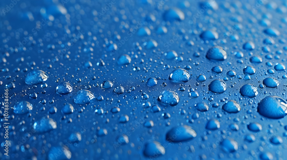 Macro Photography of Water Droplets Resting on a Smooth Blue Surface, Capturing the Play of Light and Reflection Macro Photography of Water Droplets Resting on a Smooth Blue Surface, Capturing the Play of Light and Reflection