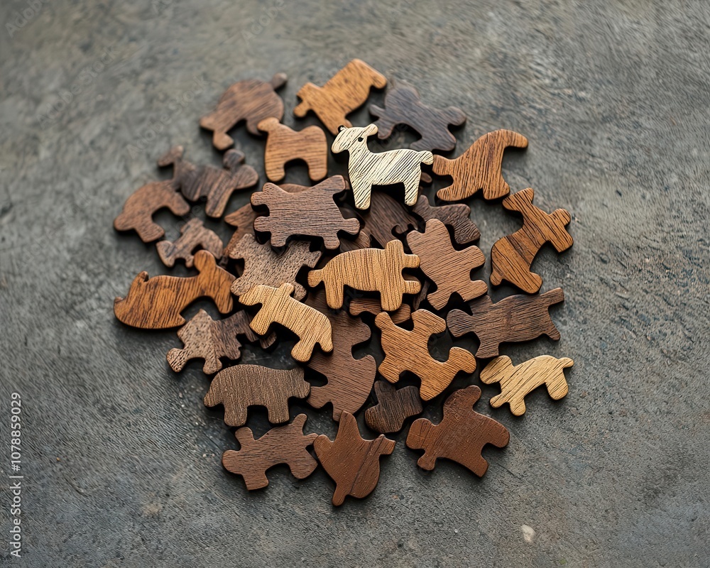 Wooden puzzle pieces shaped like animals, scattered on a forest floor, puzzle, nature Wooden puzzle pieces shaped like animals, scattered on a forest floor, puzzle, nature
