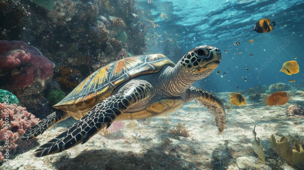 Fototapeta premium Sea Turtle Swimming Through Vibrant Coral Reef