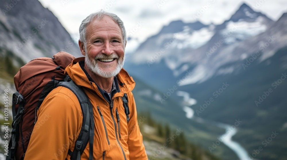 Smiling Senior Hiker with Backpack in Mountain Landscape Smiling Senior Hiker with Backpack in Mountain Landscape