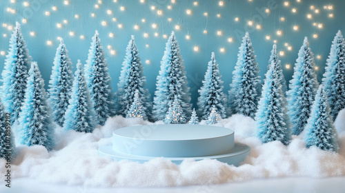 Whimsical Winter Stage Podium with Round Studio Surrounded by Light Blue Christmas Trees in Snow