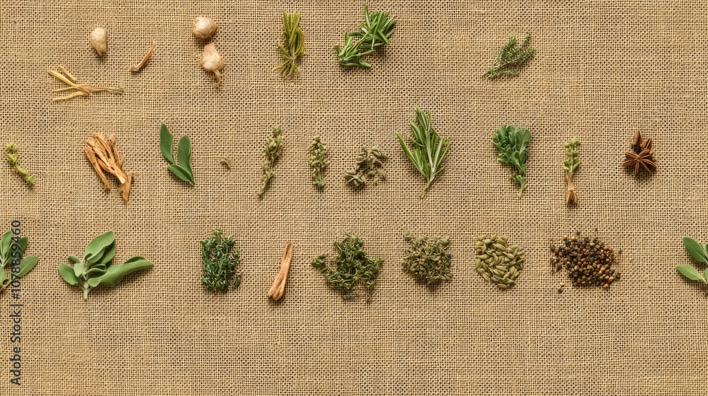Vibrant Spice and Herb Flat Lay on Textured Burlap Background Creating Warm Atmosphere Vibrant Spice and Herb Flat Lay on Textured Burlap Background Creating Warm Atmosphere