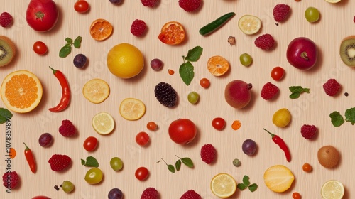 Vibrant Freshness: Colorful array of fruits and vegetables on textured wood surface