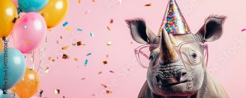 Happy Birthday Celebration, Rhinoceros with Glasses and Party Hat, Balloons and Confetti, Animal Birthday Series, Party time invitation