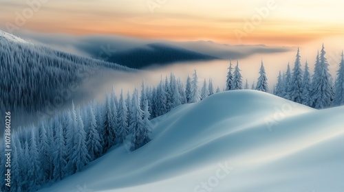 snowy mountain landscape trees fog distance inspiring glistening clouds background stunning snow camouflage sunrise phenomena bar photo