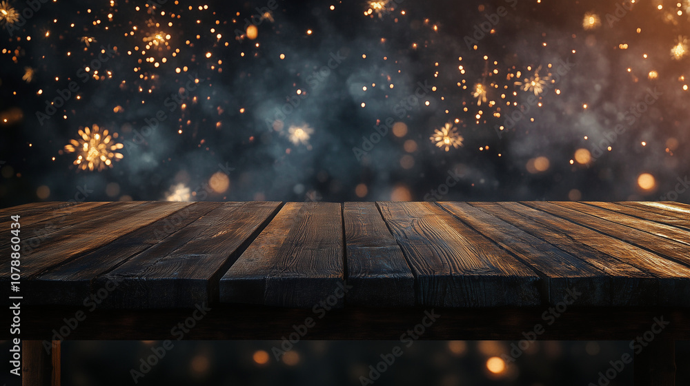 Empty wooden table in front of fireworks background. Product display montage. Empty wooden table in front of fireworks background. Product display montage.