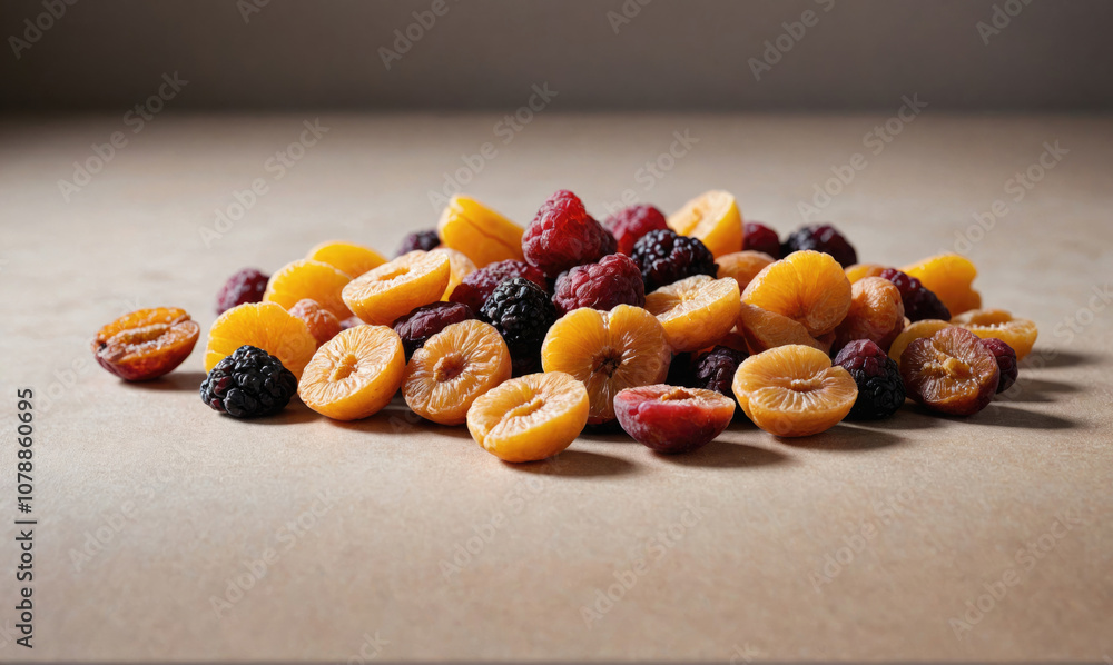 A pile of dried apricots, raspberries, and blackberries on a light-colored surface A pile of dried apricots, raspberries, and blackberries on a light-colored surface
