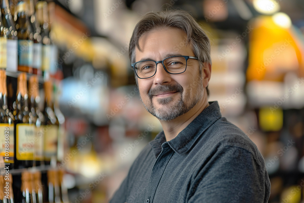 A male salesman in a wine shop stands behind the counter. Profession seller, shopping concept. Advertising banner. A male salesman in a wine shop stands behind the counter. Profession seller, shopping concept. Advertising banner.