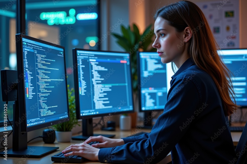 Focused female programmer working on multiple computer screens in a modern office setting. Focused female programmer working on multiple computer screens in a modern office setting.