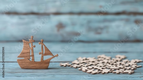 Wooden puzzle of a ship, placed on a deck table of a boat, with the ocean in the background, puzzle, nautical theme photo