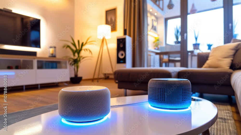 Modern Living Room with Smart Speakers and Cozy Ambiance Modern Living Room with Smart Speakers and Cozy Ambiance