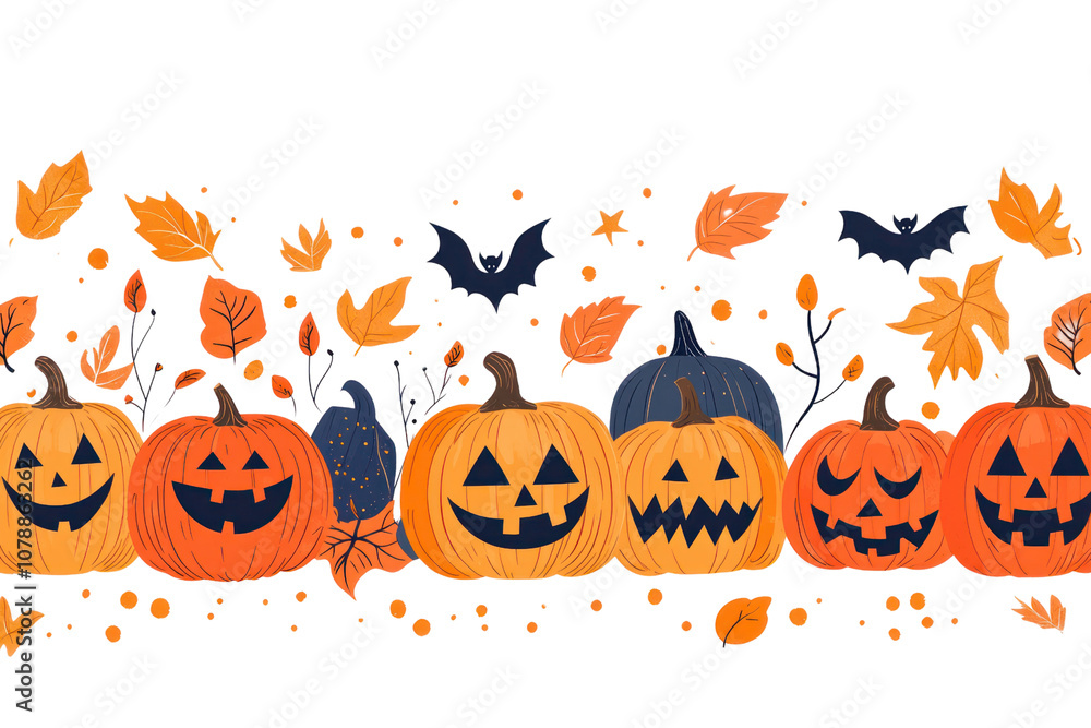 Engaging flat vector background depicting a row of menacing pumpkin lanterns, each with unique carved faces, interspersed with spooky motifs like spider webs Engaging flat vector background depicting a row of menacing pumpkin lanterns, each with unique carved faces, interspersed with spooky motifs like spider webs