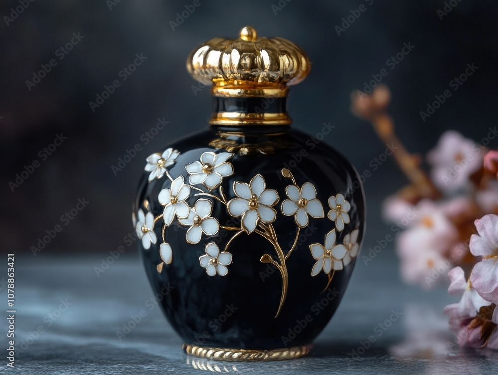 Elegant Black and Gold Vase with Flower Design Elegant Black and Gold Vase with Flower Design