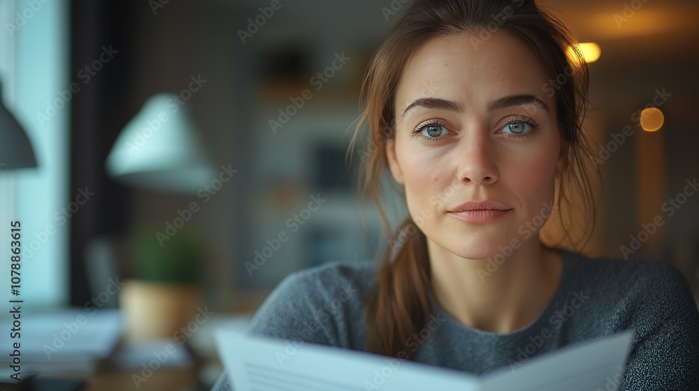 Woman with thoughtful expression holding document in a cozy indoor setting, showcasing natural light and a serene atmosphere, highlighting focus and concentration. Woman with thoughtful expression holding document in a cozy indoor setting, showcasing natural light and a serene atmosphere, highlighting focus and concentration.