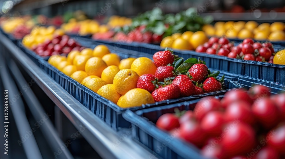 Vibrant display of fresh fruits in market baskets. Vibrant display of fresh fruits in market baskets.
