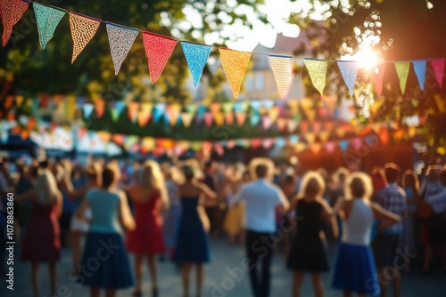 Lively Outdoor Celebration with Colorful Banners and Crowd