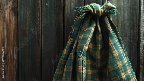 St Patricks day background with wood surface and Irish plaid fabric.