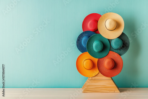 National Hat DayA colorful arrangement of miniature hats displayed on a wooden base against a turquoise wall creates a playful and vibrant decorative piece. photo