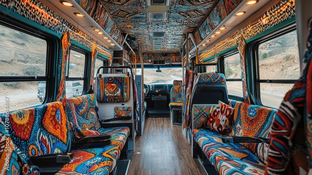 Obraz premium Colorful and vibrant interior of a converted bus with patterned upholstery and overhead lighting.