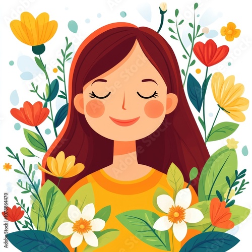 Cheerful Woman with Spring Flower Smile. Trendy Flat of Happy Girl