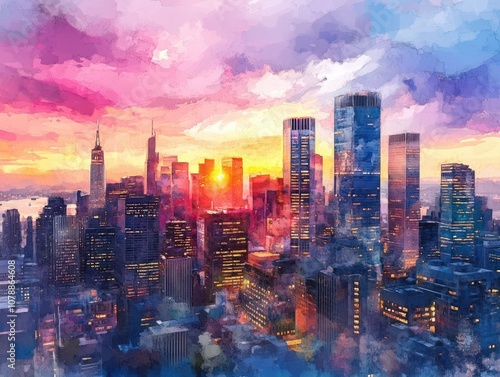 Wallpaper Mural A digital watercolor of vibrant tech city at sunset, showcasing skyscrapers and colorful sky. scene evokes sense of innovation and modernity Torontodigital.ca