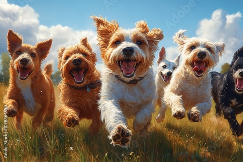 A group of diverse dogs of different breeds playing together at a dog park. Generative AI