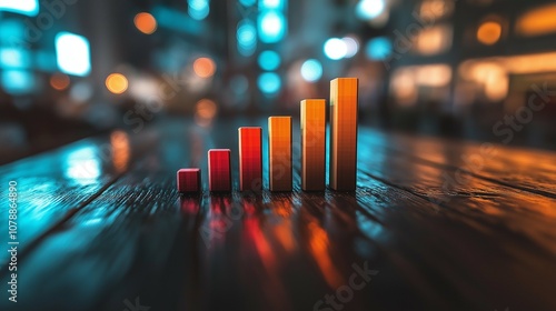 Colorful Bar Graph Growth on Wooden Table Surface with Bokeh Background in a Modern Setting Ideal for Business Analytics and Financial Visualization Concepts