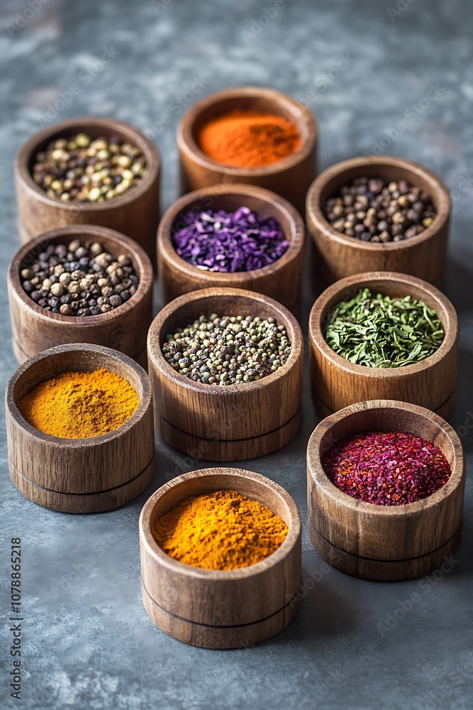A collection colorful spices in wooden bowls. Perfect for culinary-themed projects. A collection colorful spices in wooden bowls. Perfect for culinary-themed projects.