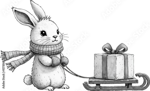 Sweet bunny pulls a sled with a gift during winter in a charming cartoon style. Watercolor kids Christmas illustration