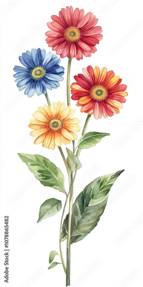 Vibrant Gerbera Blossoms Illustration Over Grey Background with Green Leaves Vibrant Gerbera Blossoms Illustration Over Grey Background with Green Leaves