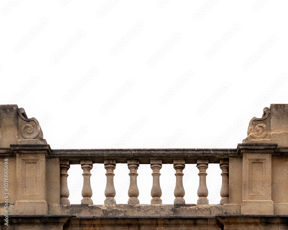 Fototapeta premium Ornate stone balustrade balcony isolated on white for use as a background