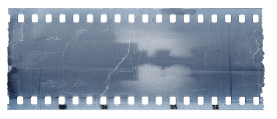 A single blue film strip with a white border and a light gray background. The film has visible grain, as if it's an old photograph or video clip. There is some wear on the edges of each frame side.
