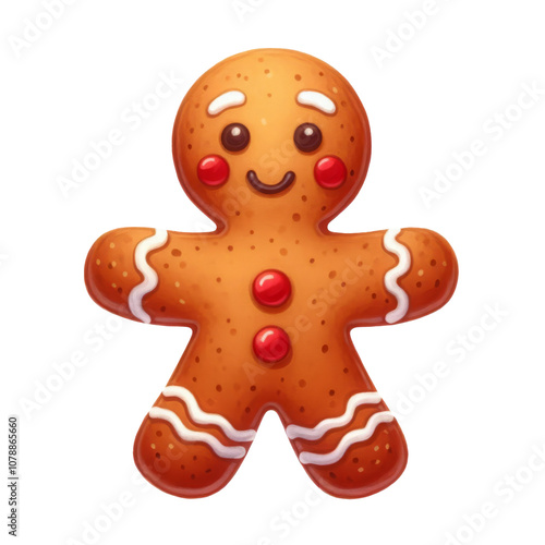 Festive and cute gingerbread cookie with a bright smile, decorated with icing details to match the Christmas spirit.