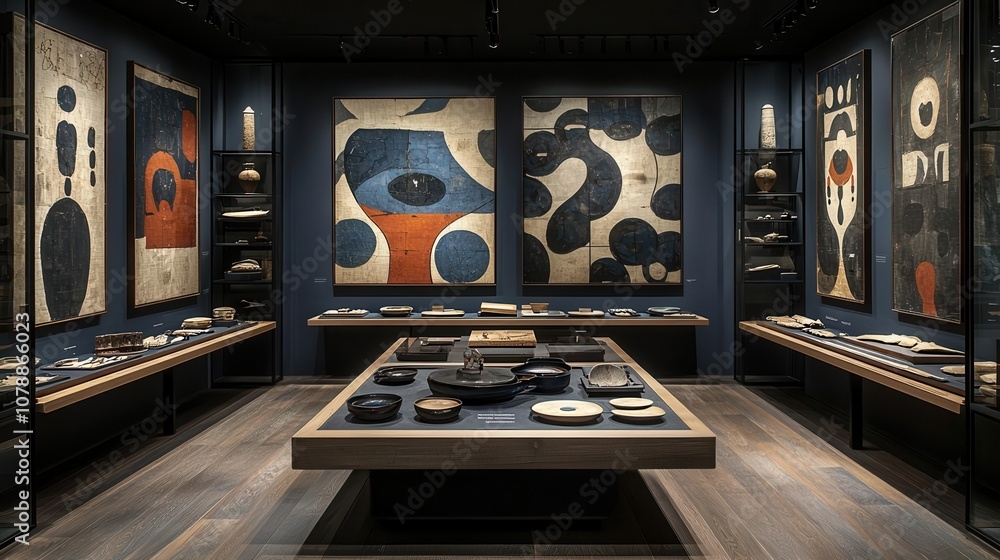 A modern art gallery featuring unique paintings and exquisite ceramic displays in an elegant setting A modern art gallery featuring unique paintings and exquisite ceramic displays in an elegant setting