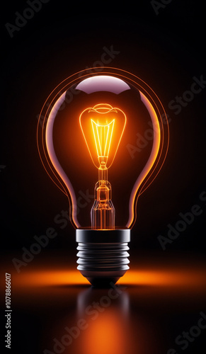 Orange holographic glowing lightbulb with copy space.