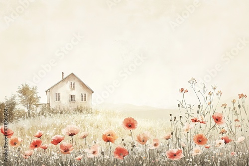 Fototapeta Naklejka Na Ścianę i Meble -  Old house in the woods, watercolor painting of a landscape in the morning, landscape with flowers and grass

