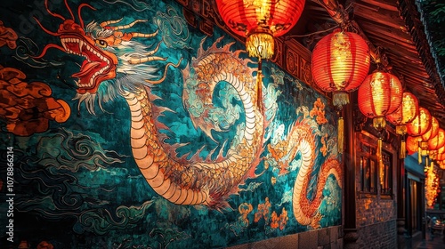 Wallpaper Mural A beautiful dragon painting on a temple wall illuminated by red lanterns under the moonlight The intricate dragon artwork represents prosperity and luck for the new year A serene scene honoring  Torontodigital.ca